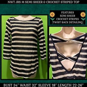 NWT JRS M Back-Cutout Top Navy Stripe beige openwork detail~Coveted Clothing
